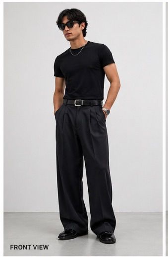 Men's Black Pleated Wide-Leg Pants