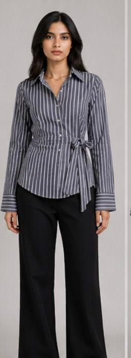 Women's Grey Striped Wrap Tie Shirt
