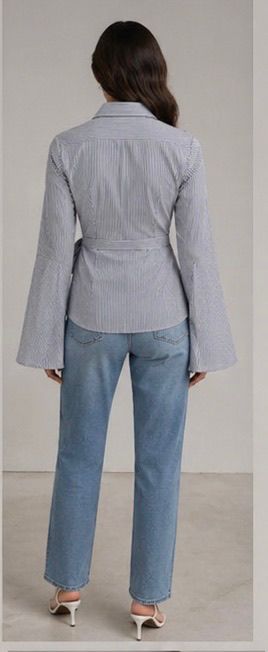 Women's Blue Striped Bell Sleeve Wrap Shirt