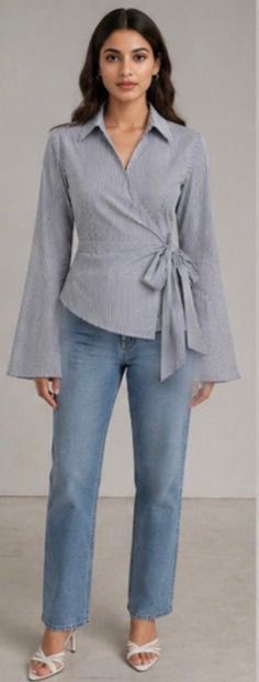 Women's Blue Striped Bell Sleeve Wrap Shirt