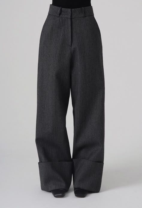 Women's High-Waisted Wide-Leg Grey Bottoms with Cuffed Hem | Modern Tailored Pants